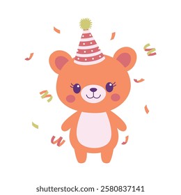 Happy Cute Teddy Bear Animal Cartoon Character Wearing Cone Hat Celebrating Birthday Party