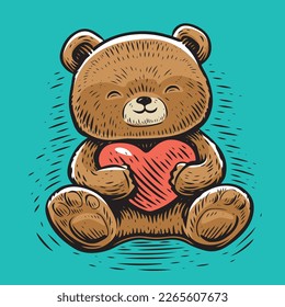 Happy cute teddy bear with a heart in paws. Funny toy. Valentines Day, love concept. Cartoon vector illustration