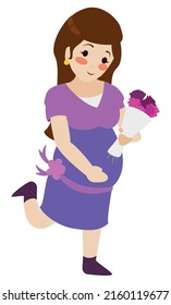 Happy and cute teenager pregnant woman with blushed gesture, holding a bouquet, wearing a purple dress. Design in flat style over white background.