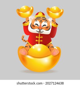 Happy cute Tiger with golden ingot and traditional Chinese costume - celebrate Chinese New Year of Tiger - vector illustration isolated