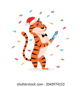 Feliz tigre lindo en el sombrero Santa con petardo, confetti color aislado en fondo blanco. Símbolo chino de Año Nuevo 2022 con petardo. Ilustración vectorial de caracteres estriados de vacaciones.