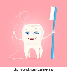 Happy cute tooth with brush and floss, vector illustration