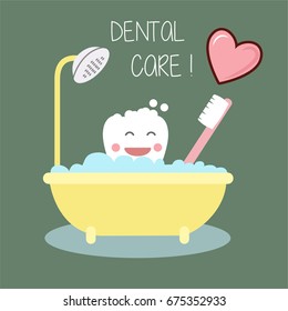 Happy cute tooth character take shower. Vector flat cartoon illustration
