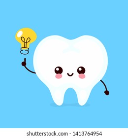 Happy cute tooth with lightbulb character.Vector flat style illustration icon design. Isolated on white background. Teeth have idea concept