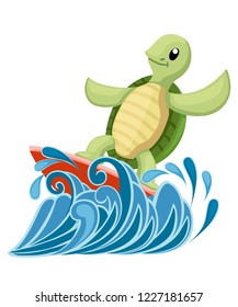 Happy cute turtle on surfboard. Turtle on water. Cartoon character design. Flat vector illustration isolated on white background with ocean or sea wave.
