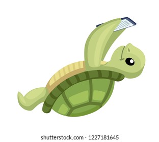 Happy cute turtle play with smartphone. Turtle is lying on its back Cartoon character design. Flat vector illustration isolated on white background.