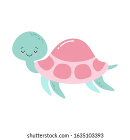 Happy cute turtle with smile on white background, Vector cartoon illustration.