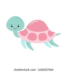 Happy cute turtle with smile, Vector cartoon illustration.