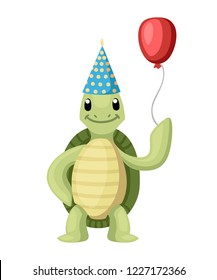 Happy cute turtle stand with smile. Turtle hold red balloon with cone hat. Cartoon character design. Flat vector illustration isolated on white background.