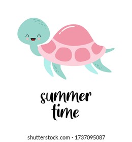 Happy cute turtle walking with smile, Vector cartoon illustration. Summer time card