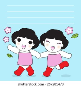 Happy Cute Twin Character paper note illustration