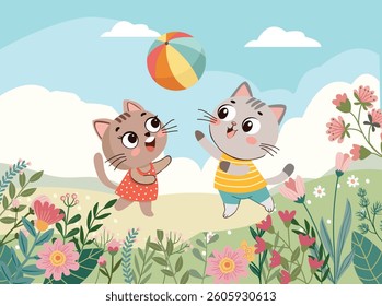 happy cute two cats playing with a ball against the backdrop of a meadow flat illustration