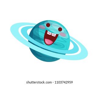 Happy Cute Uranus Planet Cartoon Character, Suitable For Children Book, Character, Game Asset, Infographic, Illustration, And Other Graphic Related Assets  