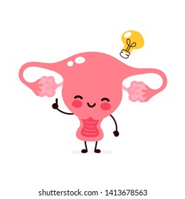 Happy cute uterus with lightbulb character.Vector hand drawing flat style illustration icon design. Isolated on white background. Uterus have idea concept