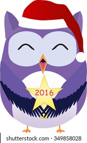 Happy cute vector purple owl in Santa hat holding star with inscription of 2016 year