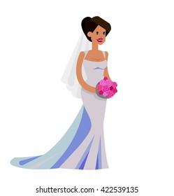 Happy cute wedding bride. Vector wedding detailed character