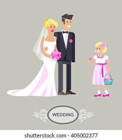 Happy cute wedding couple. Vector detailed character beautiful  smiling bride and groom. Cool flat illustration
