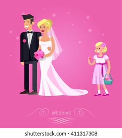 Happy cute wedding couple. Vector detailed character beautiful  smiling bride and groom. Cool flat illustration