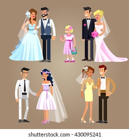 Happy cute wedding couple. Vector detailed character, beautiful  smiling bride and groom