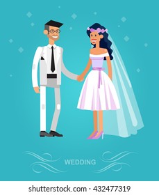 Happy cute wedding couple. Vector detailed character, beautiful  smiling bride and groom