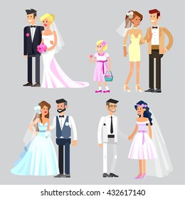 Happy cute wedding couple. Vector detailed character, beautiful  smiling bride and groom