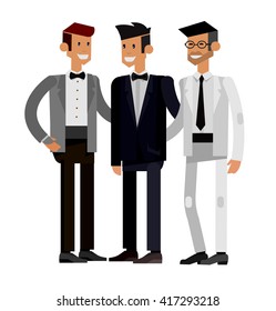 Happy cute wedding groom with best man and friends. Vector detailed character 