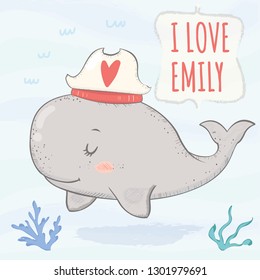Happy Cute whale with sailor’s hat, hand drawn cartoon vector illustration. Can be used for baby shower invitation, greeting; birthday card, kids wear fashion design, t-shirt print & story character.