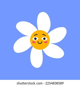 Happy cute white chamomile character smiling on blue background. Daisy with cute face cartoon illustration. Flowers, greeting concept