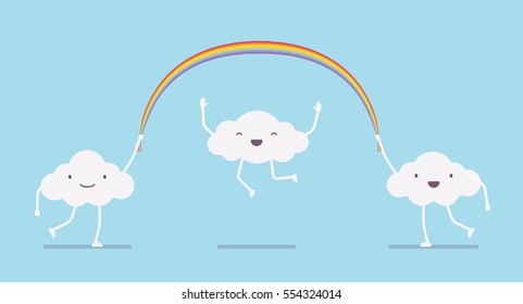 Happy cute white clouds with legs and arms jumping over a ranbow long rope, over heads, skipping rope activity, outdoor healthy fun for kids, carefree and happy time in a good weather, nursery decor