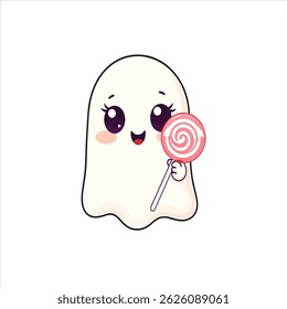  Happy cute white ghost is holding a lollipop.