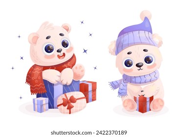 Happy cute white polar bear cub with gift. Isolated holiday birthday cartoon character animal. Vector illustration. Kids collection.