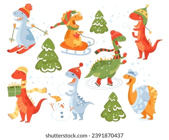 Happy cute winter dinosaurs cartoon character having fun, celebrating holiday and enjoying outdoors activity set. Funny fantasy dragon of Jurassic period festive doodle mascot vector illustration