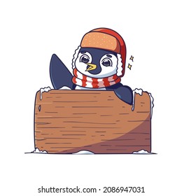 Happy Cute Winter Penguin Character Wave while Hold Wood Board Illustration