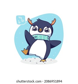 Happy Cute Winter Penguin Character Throw Ice Cube Illustration