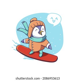 Happy Cute Winter Penguin Character Playing Snowboard Illustration