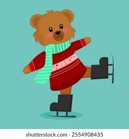 Happy Cute Winter Tedy Bear Character Playing Ice Skate Illustration