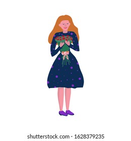 Happy cute woman with bouquet of flowers isolated on white background. Girl with long hair in trousers and a t-shirt. Cartoon single vector illustration. Sign symbol of Women's Day.Simple young human.