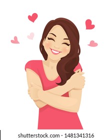 Happy cute woman with curly hairstyle hugging herself with enjoying emotions isoleted. Love concept of yourself body vector illustration