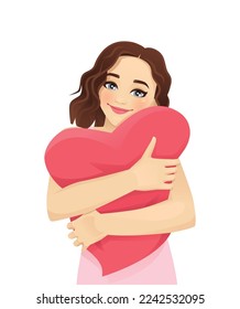 Happy cute woman with curly hairstyle hugging heart cushion with enjoying emotions. Love concept isolated vector illustration