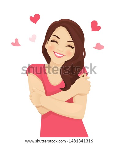 Happy cute woman with curly hairstyle hugging herself with enjoying emotions isoleted. Love concept of yourself body vector illustration