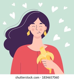 Happy Cute woman eating banana. Healthy food concept, healthy snack. Fruits, vitamins for health. Flat vector isolated illustration on white background