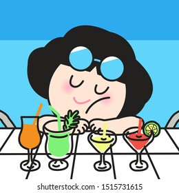 Happy Cute Woman Relaxing In Swimming Pool With Cocktails Concept Card Character illustration