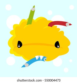 Happy cute yellow creative graphic designer office worker monster in the cloud shape. Simple childish vector illustration for toddlers and kids in nice light colors. Alien with big funny teeth