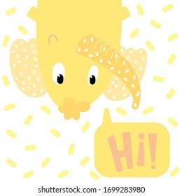 Happy cute yellow elephant saying hi on white background