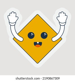 Happy Cute Yellow Rhombus Cartoon With Hands Up In Sticker Style.