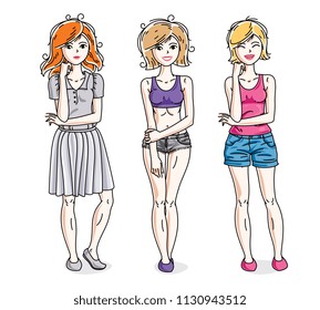 Happy cute young adult girls standing wearing fashionable casual clothes. Vector diversity people illustrations set.