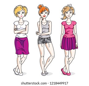 Happy cute young adult girls standing wearing fashionable casual clothes. Vector diversity people illustrations set.