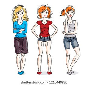 Happy cute young adult girls standing wearing casual clothes. Vector diversity people illustrations set. Fashion and lifestyle theme cartoons.