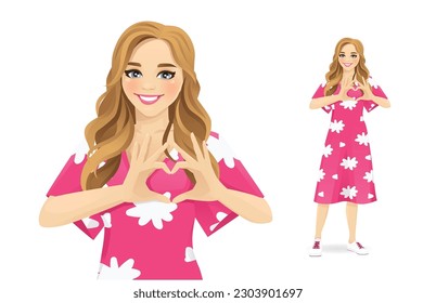 Happy cute young beautiful woman curly hairstyle in dressmaking heart shape with hands standing. Love concept isolated vector illustration