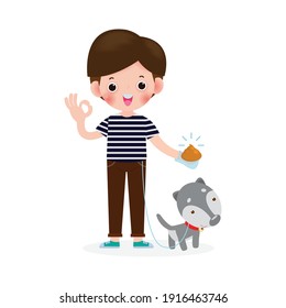 alegre lindo chico limpiando después del perro, Perro está bailando, personaje masculino caminando con perro corredizo en el parque, acerca de higiene de inodoros animales aislados en la ilustración del vector de fondo blanco